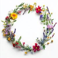 This vibrant artwork features a rainbow frame made from multicolored wildflowers, ideal for spring designs. It provides space for your personal messages, making it a great addition to any project photo