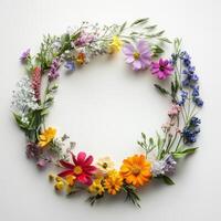 A vibrant spring floral round frame is expertly crafted from an array of multicolored wild flowers in a stunning rainbow palette, making it a perfect choice for seasonal decorations and celebrations photo