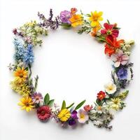A stunningly beautiful circular frame crafted from a variety of diverse wildflowers in an array of vibrant colors, making it absolutely perfect for springthemed decorations and artistic designs photo