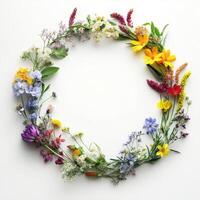 A vibrant round frame made from assorted wildflowers in a rainbow palette, perfect for springthemed designs. Ideal for enhancing invitations or adding charm to naturethemed projects photo