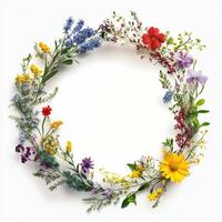 This vibrant and eyecatching spring wreath showcases a stunning array of multicolored wildflowers arranged in a beautiful circular design, making it the perfect addition for your seasonal decor photo