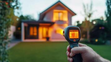 A handheld thermal imaging device is utilized to thoroughly assess the exterior surfaces of a home, revealing significant temperature variations and providing valuable insights into energy efficiency photo