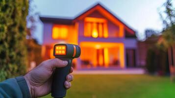 A hand holds a thermal imaging device pointing towards a cozy house, glowing warmly against the evening sky, showcasing energy efficiency insights photo