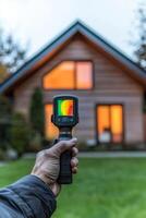 A person uses a thermal imaging device to assess the exterior of a house, identifying heat loss and energy efficiency improvements photo