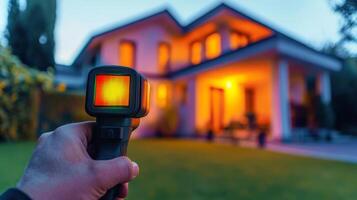The houses exterior is analyzed with advanced thermal imaging, revealing vivid temperature variations amid warm evening light, creating a striking visual effect that captivates observers photo