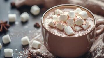 Indulge in a delightfully warm cup of aromatic hot chocolate, lavishly topped with fluffy marshmallows, making it the perfect beverage for chilly days and cozy moments with loved ones photo
