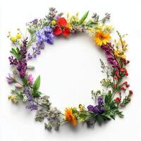 A vibrant, colorful round frame composed of assorted wildflowers featuring a stunning rainbow palette, making it perfectly ideal for spring themes and various creative design projects photo