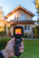 A thermal imaging device assesses heat patterns on a houses exterior, revealing insulation efficiency and pinpointing areas prone to energy loss, enhancing overall energy performance photo