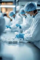 In a controlled pharmaceutical setting, a skilled team in lab coats and masks collaborates to ensure safety and accuracy, aiming to improve healthcare outcomes for patients and communities photo