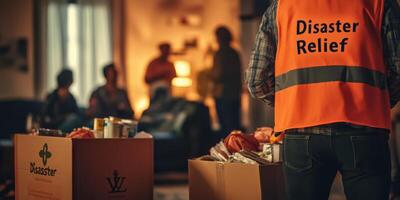 Volunteers are engaging in disaster relief, distributing essential supplies to those in need during an evacuation, demonstrating teamwork and compassion while assisting those in distress photo