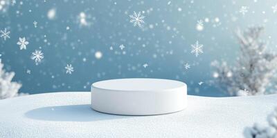 Imagine a serene winter scene with a white podium on soft, untouched snow, as gentle snowflakes fall from the sky, creating a picturesque landscape perfect for seasonal displays and celebrations photo