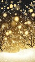 Imagine a stunning snowy landscape that is adorned with twinkling golden lights, elegant trees, and an enchanting winter wonderland vibe, making it an ideal backdrop for festive holiday themes photo