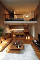 Discover a beautifully designed modern loft showcasing an impressive brick wall, a sophisticated mezzanine, and bright, airy open spaces that are ideal for a contemporary living environment photo