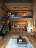 This contemporary openplan loft features exposed brick walls, a stylish living area, a fully equipped kitchen, and a practical mezzanine, making it a unique and desirable urban space photo