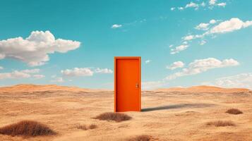 In a sunbaked, arid desert landscape, a vibrant orange door stands out against the backdrop of the bright blue sky, inviting curiosity and exploration in this surreal oasis of boundless imagination photo