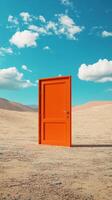 In a vast desert, an orange door stands alone under bright sunlight, surrounded by endless sand and a clear blue sky, sparking intrigue and inspiring the imagination of all who encounter this scene photo