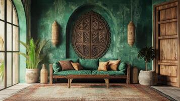 Discover a breathtaking rustic Moroccan interior that showcases deep, vibrant green walls, inviting and cozy seating arrangements, complemented by various natural decor elements that provide warmth photo