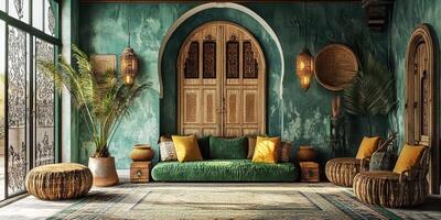 Immerse yourself in the captivating charm of rustic Moroccan decor, which features vibrant green accents and traditional elements, all coming together to create a warm, welcoming, and cozy ambiance photo