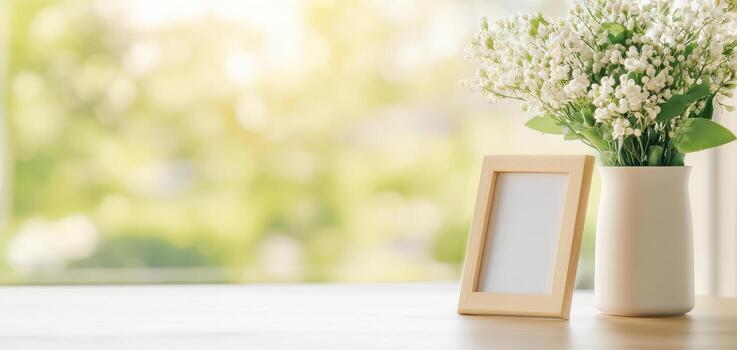 cozy interior featuring wooden photo frame and vase of fresh flowers, creating warm and inviting atmosphere. soft sunlight enhances serene ambiance