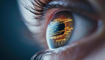 close up of eye reflecting computer code, showcasing technology and focus. intricate details of iris and digital display create captivating visual experience photo