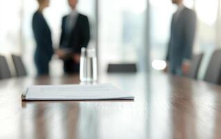 back view of two colleagues discussing report in modern office setting, with focus on document on table and glass of water nearby, creating professional atmosphere photo