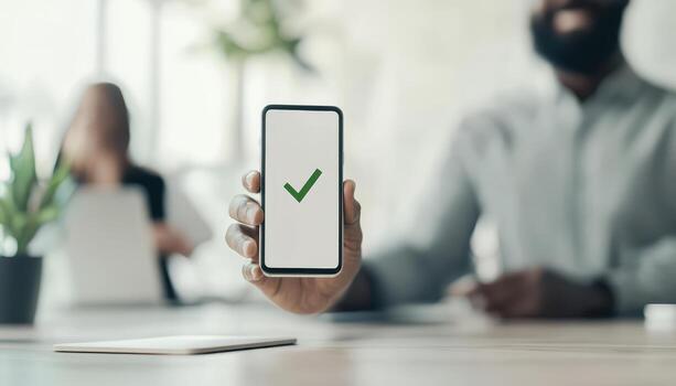 Businessman in modern coworking space showing smartphone with checkmark, symbolizing approval and success. atmosphere is professional and collaborative photo