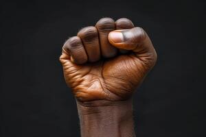 Raised fist of an African American black man in the background. Unity, solidarity, protest. Concept of black history month photo