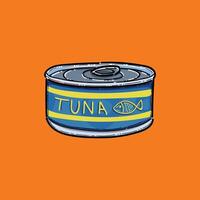 Illustration of a Tuna Can on Bright Orange Background for Food Design. This image highlights packaging design and can be used in food-related publications or advertisements. vector