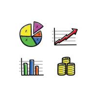 Illustration of business icons featuring a pie chart, bar graph, line chart, and stack of coins, symbolizing financial growth and analysis. vector