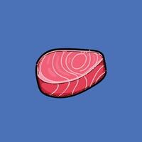 Colorful Illustration of a Tuna Steak on a Bright Blue Background. The image highlights the rich textures and appealing colors of the fish. vector
