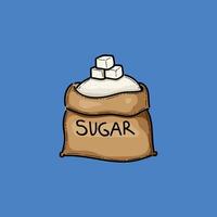 Digital illustration showing a brown bag filled with sugar and topped with sugar cubes on a blue background, symbolizing sweetness and culinary use. vector
