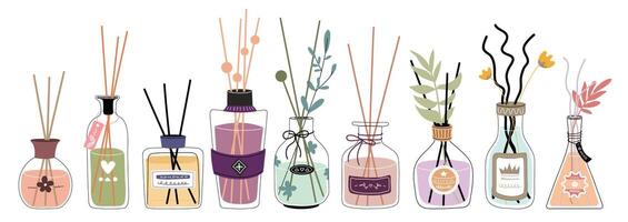 Set with cute illustrations of decorative reed diffuser bottles in various designs, adorned with floral elements and labels. vector