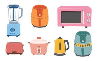 Set of Colorful Kitchen Appliances Including Blender, Air Fryers, and Toaster vector