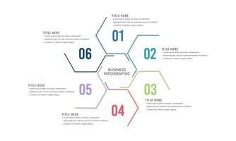 Infographic in the shape of a hexagon, divided into 6 key sections, featuring numbers and text for business presentation. Plan, Strategy, Banner and Marketing. vector