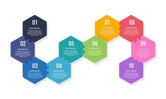10 colorful hexagon infographic options. Presentation, Banner, Plan, Number and Strategy. vector