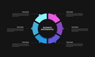 Infographic with a circle divided into 6 sections on a black background, displaying key business information. Presentation, Strategy, Plan and Marketing. vector