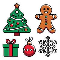 Icons set such as tree, gingerbread man, gift box, ornament, and snowflake vector