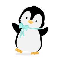 Cute little baby penguin with bow. flat cartoon illustration isolated on white. Animal character vector