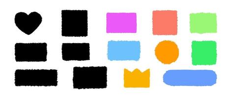 Colored rectangle and circle form, grunge heart and crown with jagged edges. Ripped rectangular square shape silhouettes set. Textured element collection vector