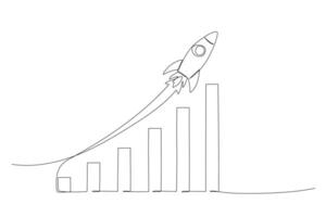 Growth chart one continuous line illustration. Hand drawn doodle sketch, graph with rocket. Financial success or price graphic vector