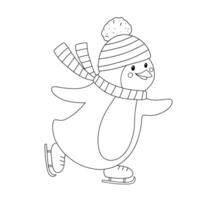 Outline Penguin in hat and scarf skates on ice. Cute line penguin skater isolated on white background. Childish character isolated on white vector
