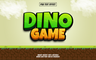 3D text effect with the words Dino Game in green and orange with a cartoon style and a grassy and dirt background. psd