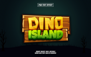 3D text effect for the words Dino Island on a wooden sign with a dark green background psd