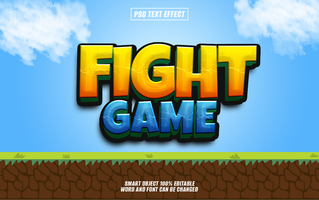 3D text effect Fight Game in a vibrant yellow, orange, and blue color scheme with a grass and dirt background. psd