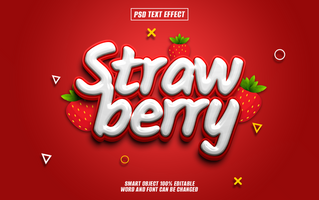 3D text effect design with the word Strawberry in a white 3D style with red outlines and red strawberries on a red background. psd