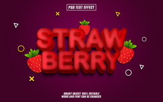 3D text effect of the word strawberry with red and white strawberries around it. psd