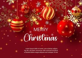 A luxury Christmas celebrated greeting card and poster with golden and red Christmas balls hanging, wording of event and example texts on snowflake decorated and red background vector