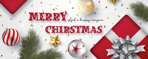 Top view of Christmas greeting card and poster celebrated with Christmas object decorated, wording of event on golden gritter and white background. vector