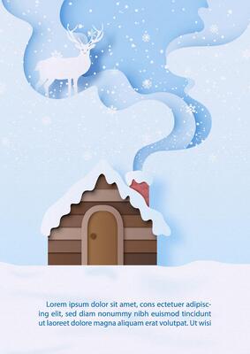 Christmas greeting card in cartoon character and paper cut style with small wooden house on Christmas day and winter season, example texts on light blue background.