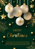 A luxury Christmas celebrated greeting card and poster with golden and white Christmas balls hanging, wording of event and example texts on snowflake decorated and pine green color background vector